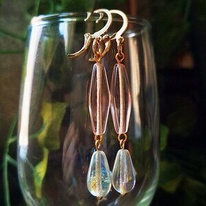Long Pink Glass Earrings, Iridescent Teardrops, 24k Gold Stainless Leverbacks